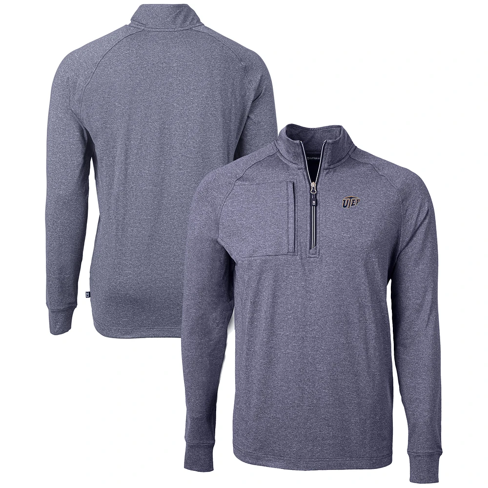 Men's Cutter & Buck Heather Navy UTEP Miners Big Tall Adapt Eco Knit Quarter-Zip Pullover Top