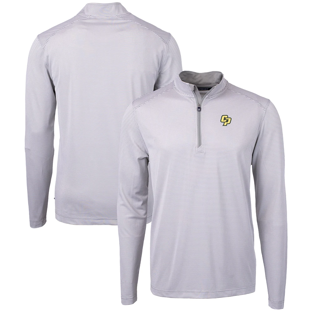 Men's Cutter & Buck Gray/White Cal Poly Mustangs Big Tall Virtue Eco Pique Micro Stripe Recycled Quarter-Zip Pullover Top