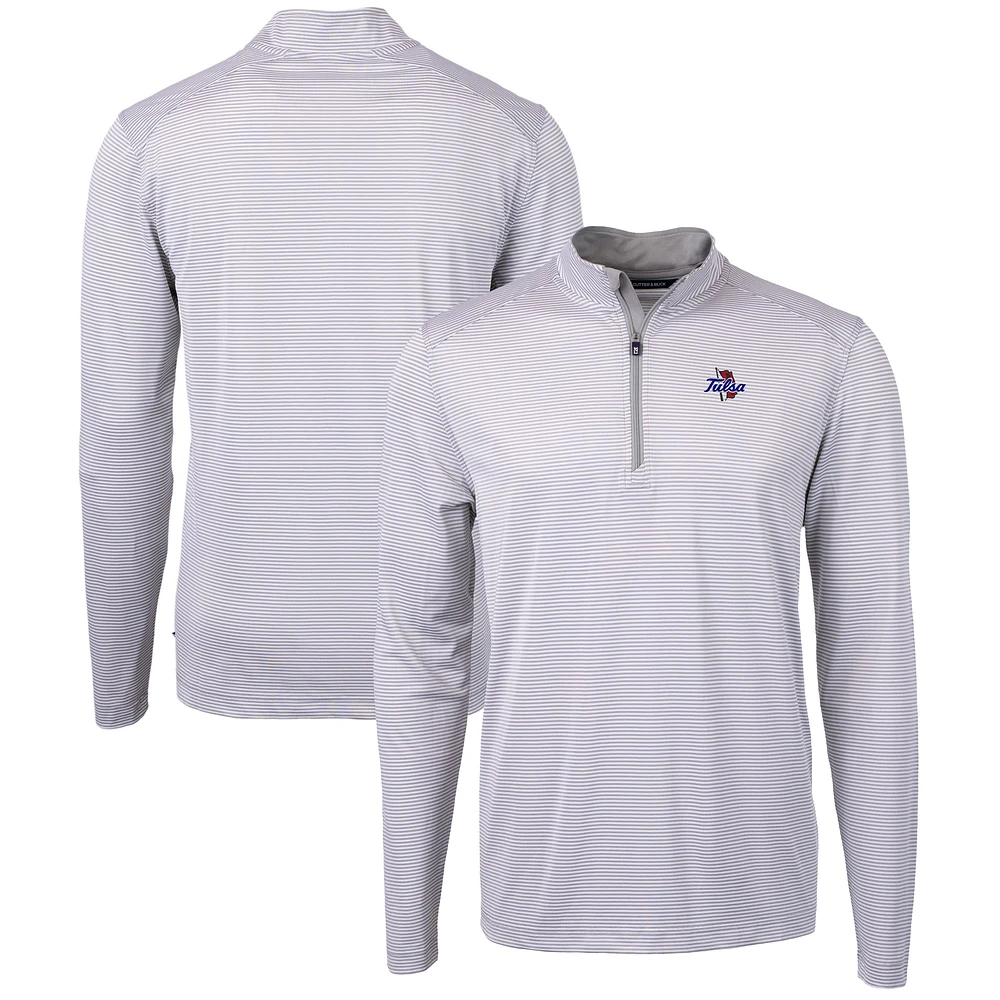 Men's Cutter & Buck  Gray/White Tulsa Golden Hurricane Big Tall Virtue Eco Pique Micro Stripe Recycled Quarter-Zip Pullover Top
