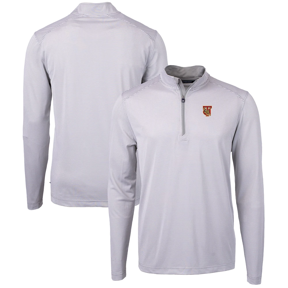 Men's Cutter & Buck Gray/White Tuskegee Golden Tigers Big Tall Virtue Eco Pique Micro Stripe Recycled Quarter-Zip Pullover Top