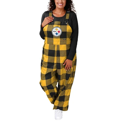 Women's FOCO Black Pittsburgh Steelers Big Logo Plaid Overalls