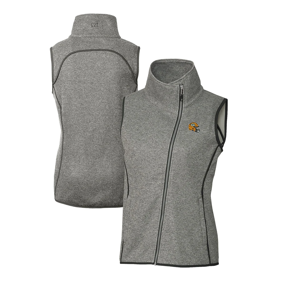Women's Cutter & Buck Heather Gray Green Bay Packers Helmet Logo Mainsail Sweater-Knit Full-Zip Asymmetrical Vest