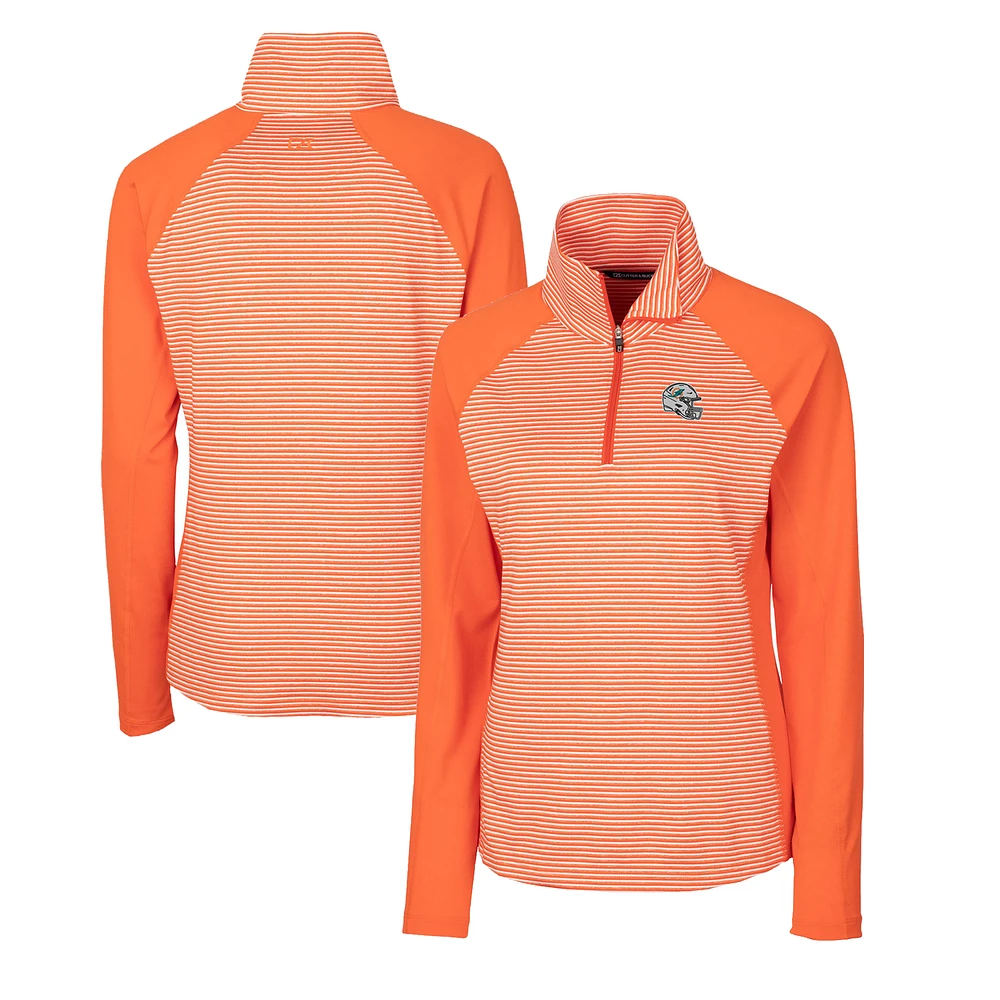Women's Cutter & Buck  Orange Miami Dolphins Helmet Logo DryTec Forge Tonal Stripe Stretch Half-Zip Top