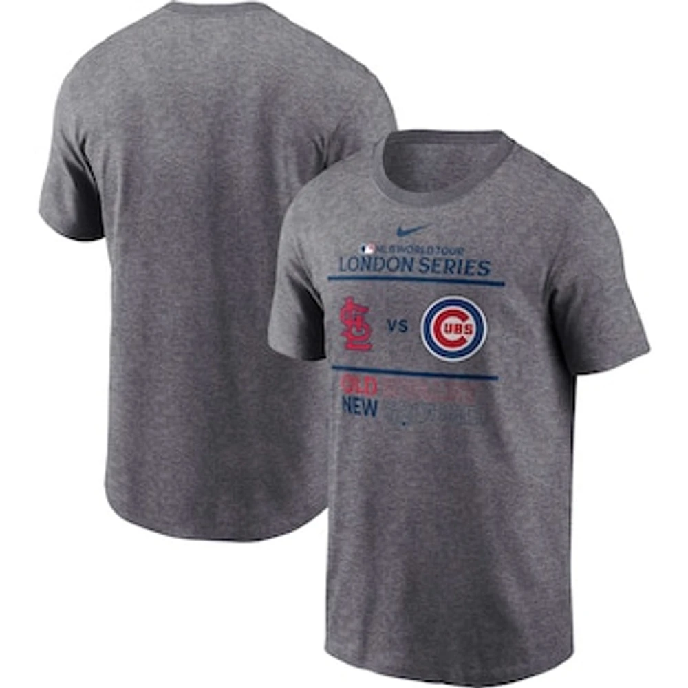 Men's Nike Heather Charcoal 2023 MLB World Tour: London Series Chicago Cubs vs St. Louis Cardinals Matchup T-Shirt