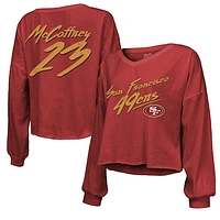 Women's Majestic Threads Christian McCaffrey Scarlet San Francisco 49ers Name & Number Off-Shoulder Script Cropped Long Sleeve V-Neck T-Shirt