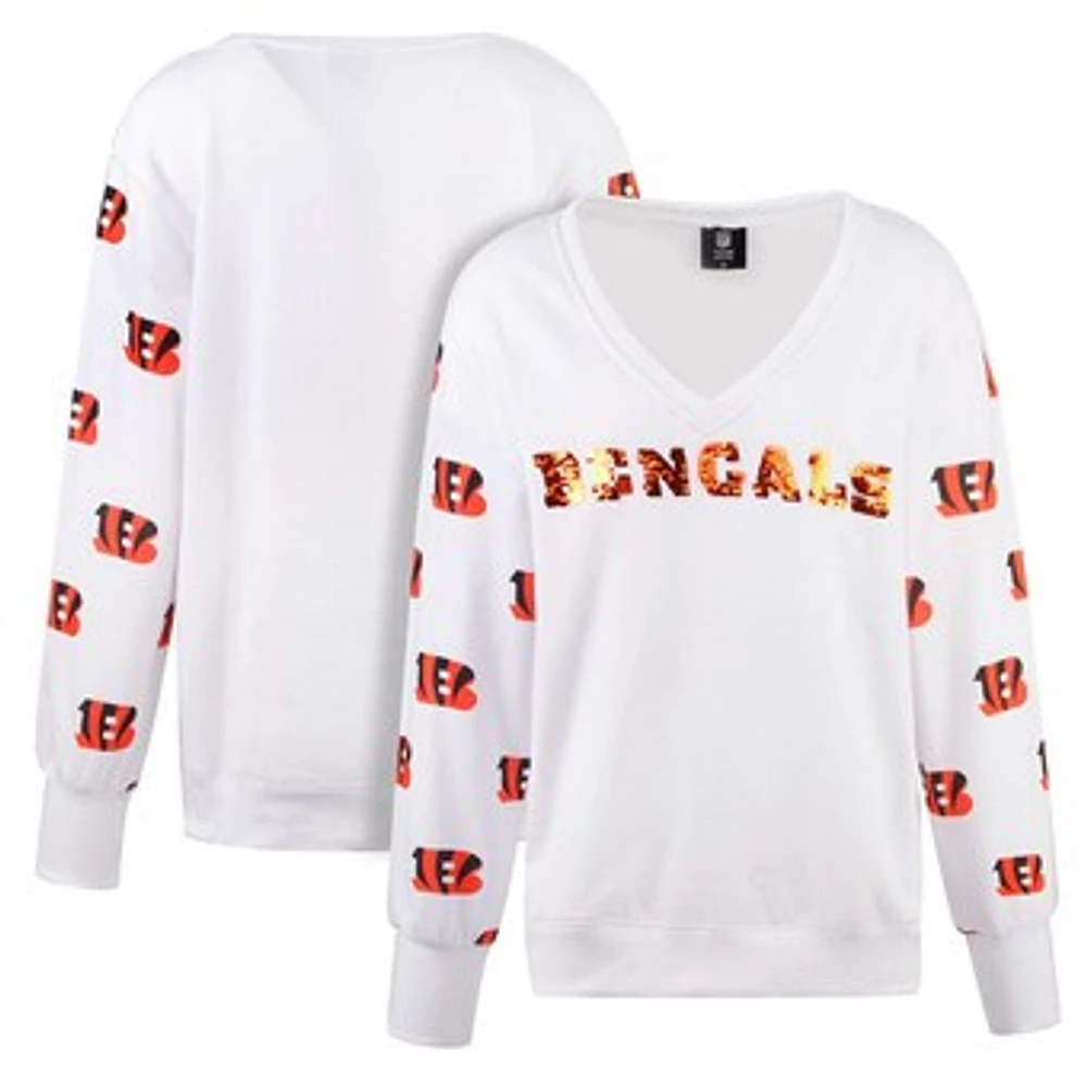 Women's Cuce White Cincinnati Bengals Sequin Fleece V-Neck T-Shirt