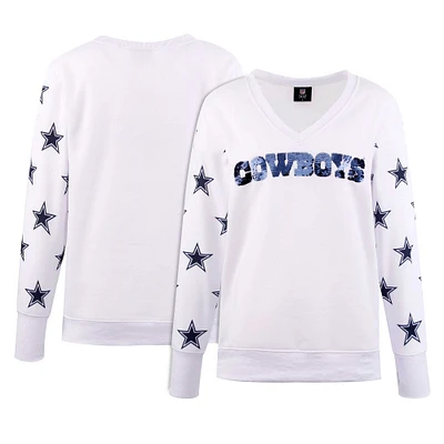 Women's Cuce White Dallas Cowboys Sequin Fleece V-Neck T-Shirt