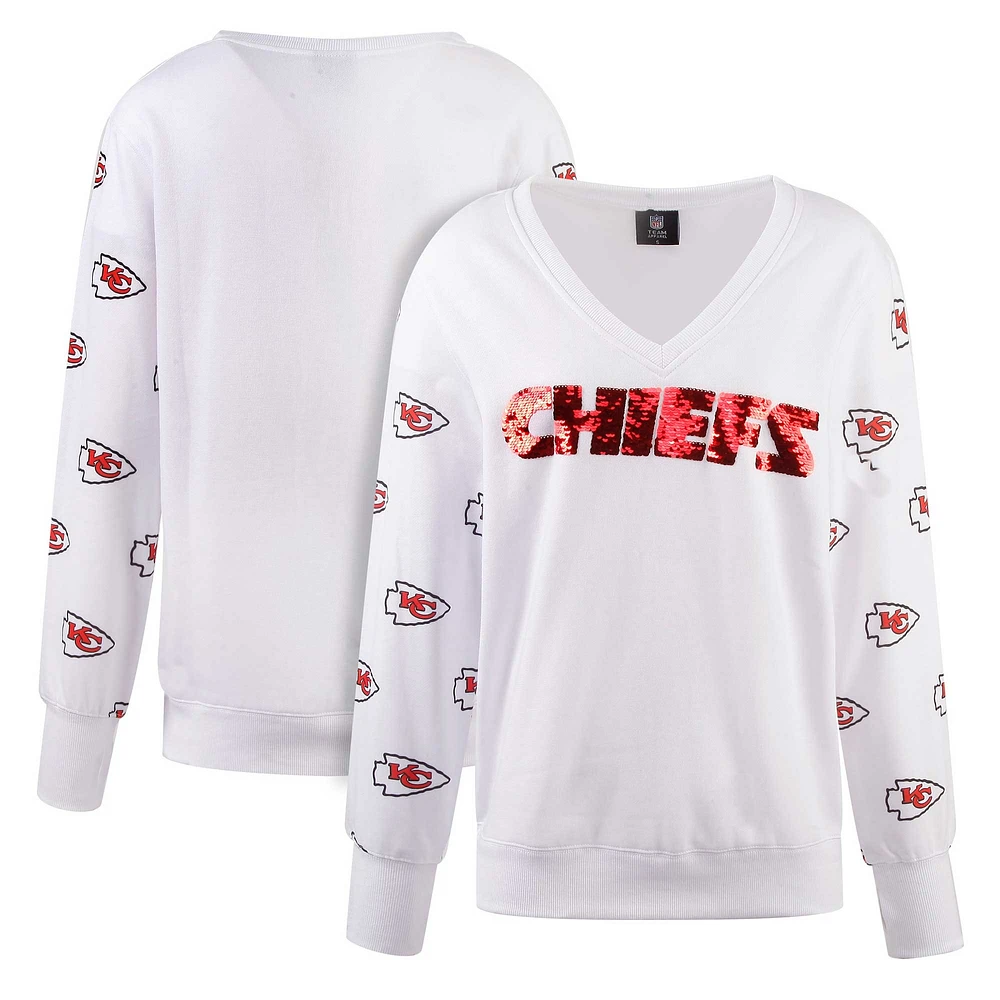 Women's Cuce White Kansas City Chiefs Sequin Fleece V-Neck T-Shirt