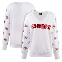 Women's Cuce White Kansas City Chiefs Sequin Fleece V-Neck T-Shirt