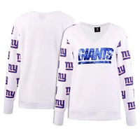 Women's Cuce White New York Giants Sequin Fleece V-Neck T-Shirt