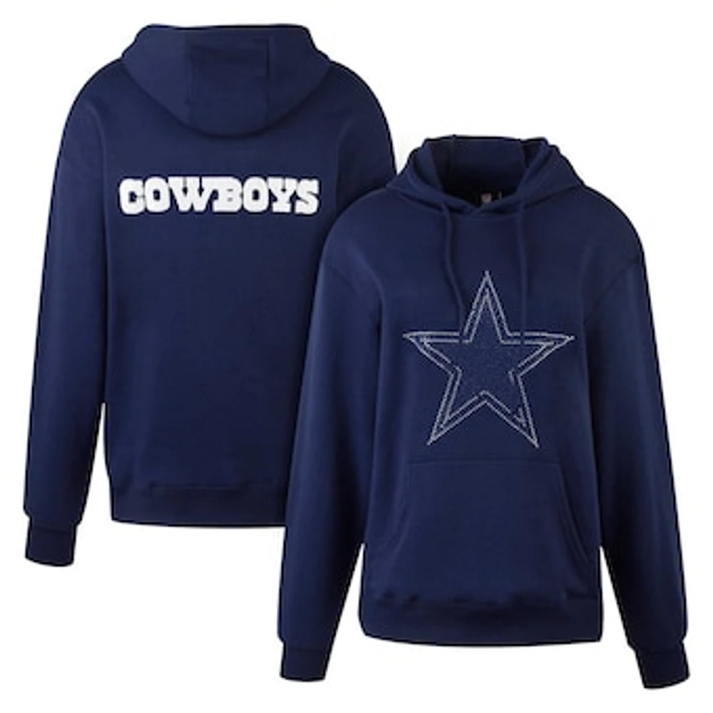 Women's Cuce Navy Dallas Cowboys Rhinestone Logo Wordmark Pullover Hoodie