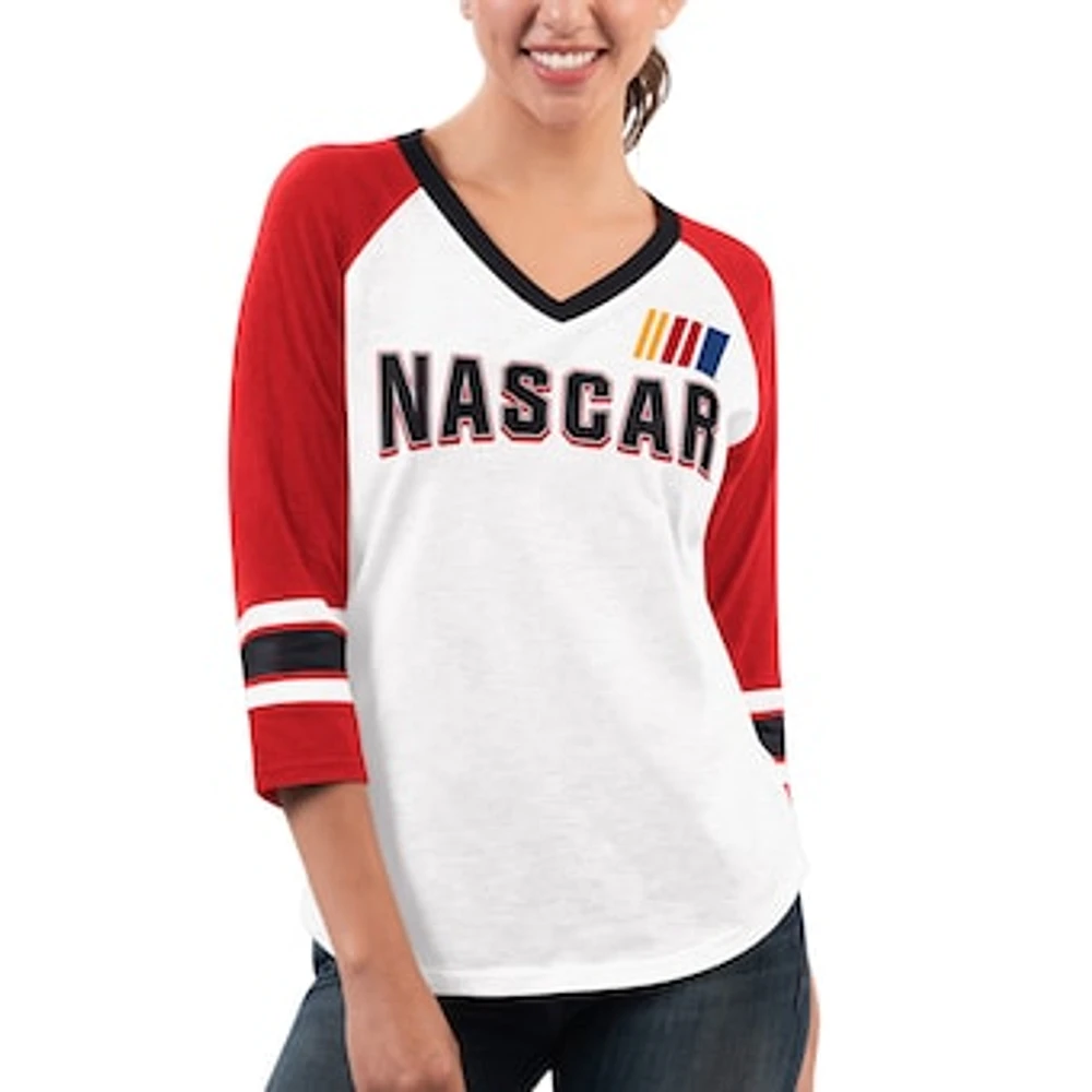 Women's G-III 4Her by Carl Banks White/Red NASCAR Merchandise Top Team V-Neck 3/4 Sleeve T-Shirt