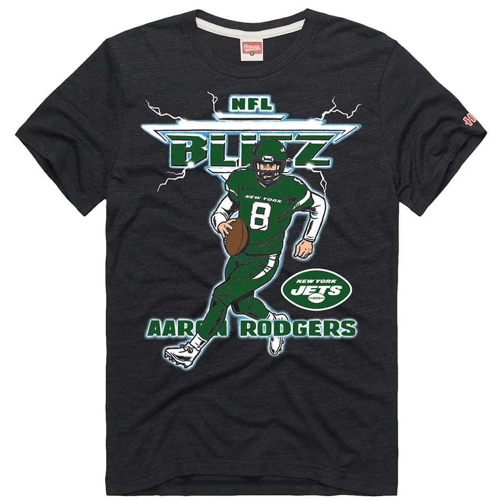 Men's Homage Aaron Rodgers Heathered Heather Charcoal New York Jets NFL Blitz Player Tri-Blend T-Shirt