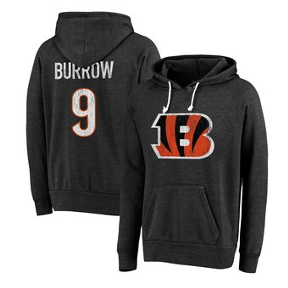 Men's Majestic Threads Joe Burrow Black Cincinnati Bengals Name & Number Tri-Blend Pullover Hoodie