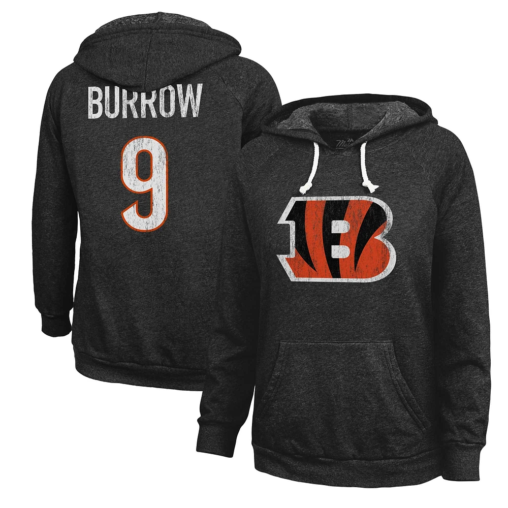 Women's Majestic Threads Joe Burrow  Black Cincinnati Bengals Name & Number Tri-Blend Pullover Hoodie