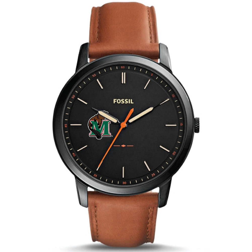 Men's Fossil Black Minot State Beavers Minimalist Slim Light Brown Leather Watch