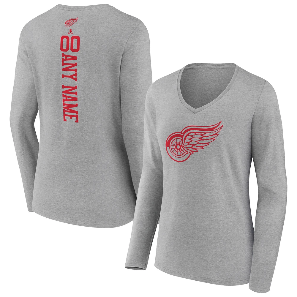 Women's Heather Gray Detroit Red Wings Personalized Name & Number Long Sleeve V-Neck T-Shirt