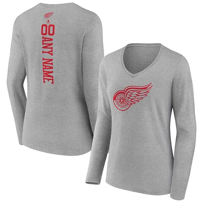 Women's Heather Gray Detroit Red Wings Personalized Name & Number Long Sleeve V-Neck T-Shirt