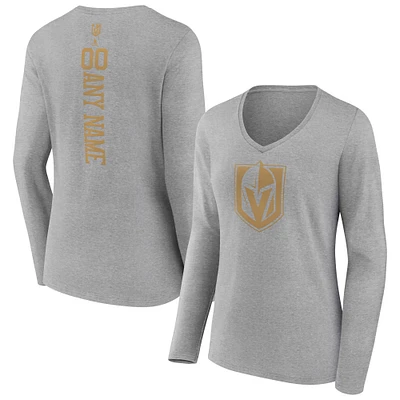 Women's Heather Gray Vegas Golden Knights Personalized Name & Number Long Sleeve V-Neck T-Shirt