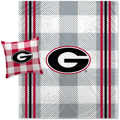 Pegasus Georgia Bulldogs Gray Plaid Stripes Blanket and Pillow Combo Set