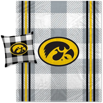 Pegasus Iowa Hawkeyes Gray Plaid Stripes Blanket and Pillow Combo Set