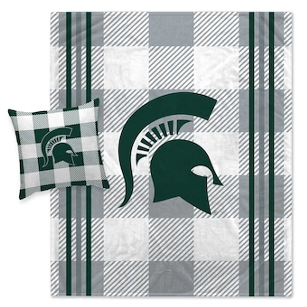 Pegasus Michigan State Spartans Gray Plaid Stripes Blanket and Pillow Combo Set