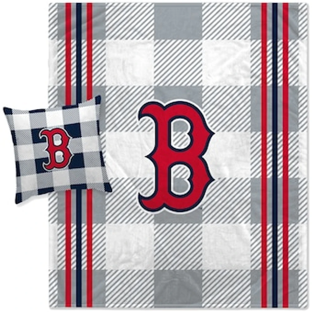 Pegasus Boston Red Sox Gray Plaid Stripes Blanket and Pillow Combo Set