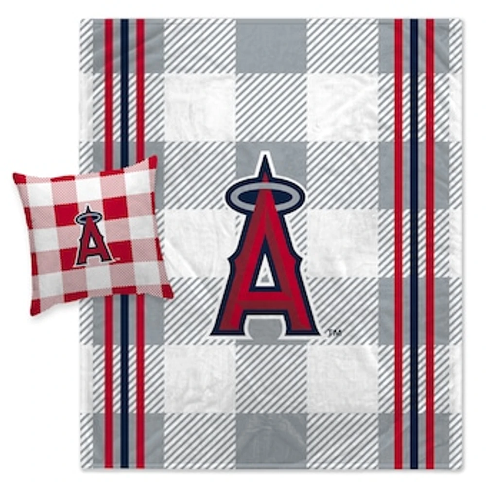 Pegasus Los Angeles Angels Gray Plaid Stripes Blanket and Pillow Combo Set