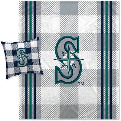 Pegasus Seattle Mariners Gray Plaid Stripes Blanket and Pillow Combo Set