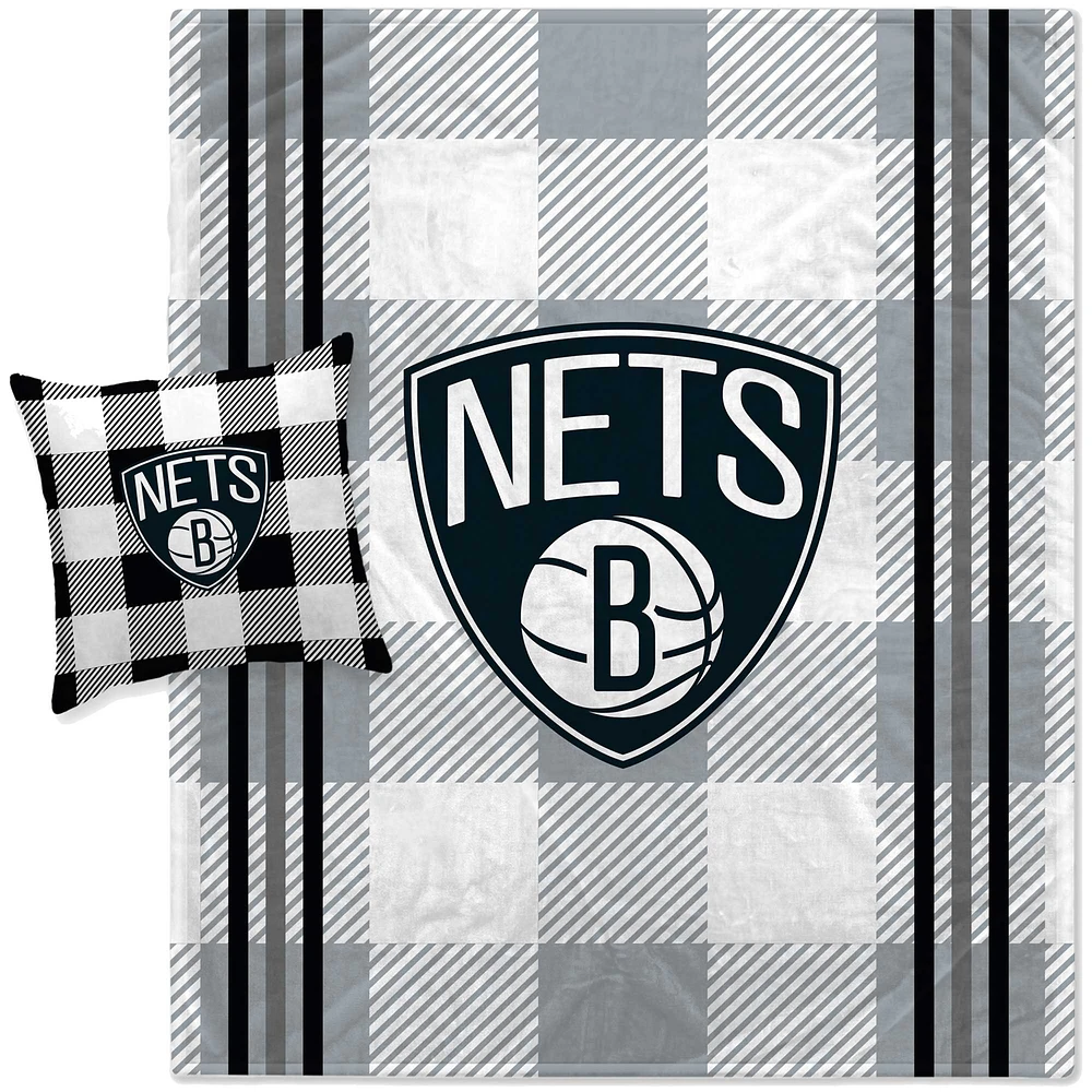 Pegasus Brooklyn Nets Gray Plaid Stripes Blanket and Pillow Combo Set