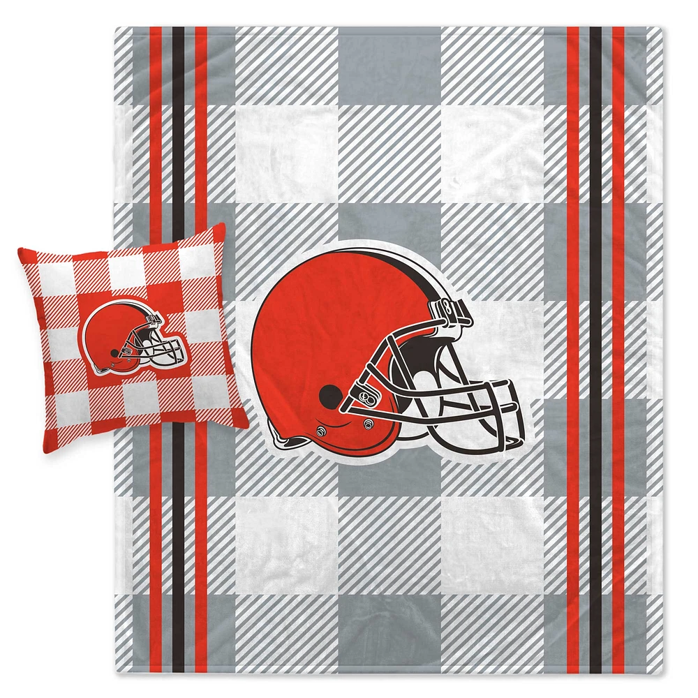 Pegasus Cleveland Browns Gray Plaid Stripes Blanket and Pillow Combo Set