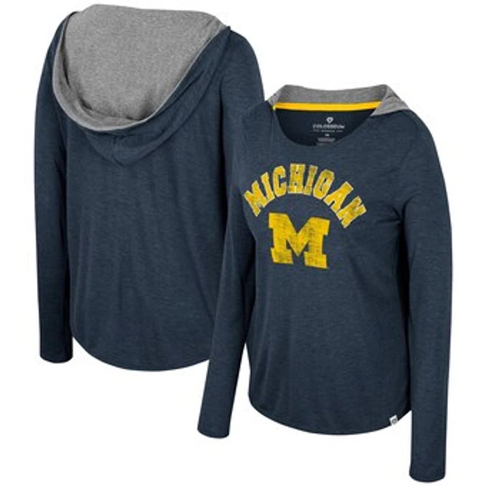 Women's Colosseum  Navy Michigan Wolverines Distressed Heather Long Sleeve Hoodie T-Shirt