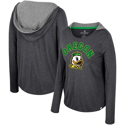 Women's Colosseum  Black Oregon Ducks Distressed Heather Long Sleeve Hoodie T-Shirt