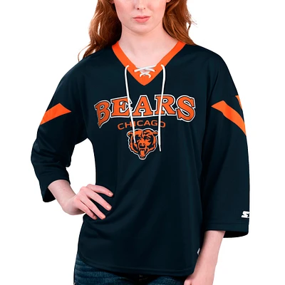 Women's Starter Navy Chicago Bears Rally Lace-Up 3/4 Sleeve T-Shirt