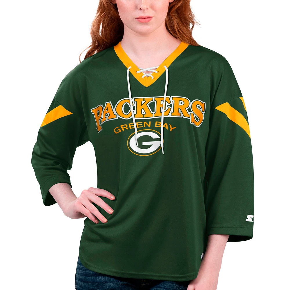 Women's Starter Green Bay Packers Rally Lace-Up 3/4 Sleeve T-Shirt