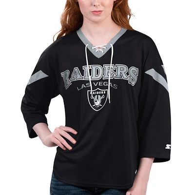 Women's Starter Black Las Vegas Raiders Rally Lace-Up 3/4 Sleeve T-Shirt