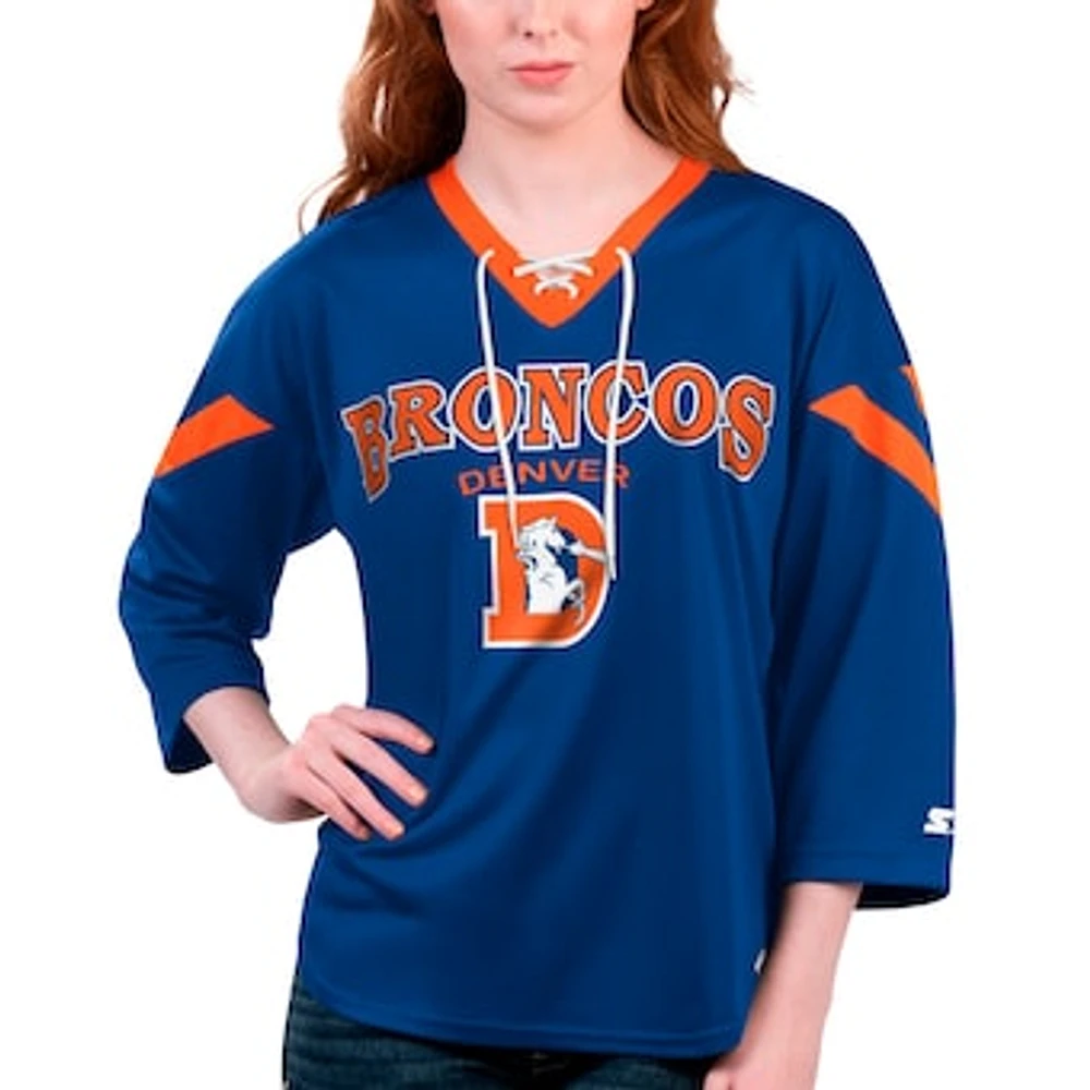 Women's Starter Orange Denver Broncos Rally Lace-Up 3/4 Sleeve T-Shirt