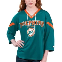 Women's Starter Aqua Miami Dolphins Rally Lace-Up 3/4 Sleeve T-Shirt