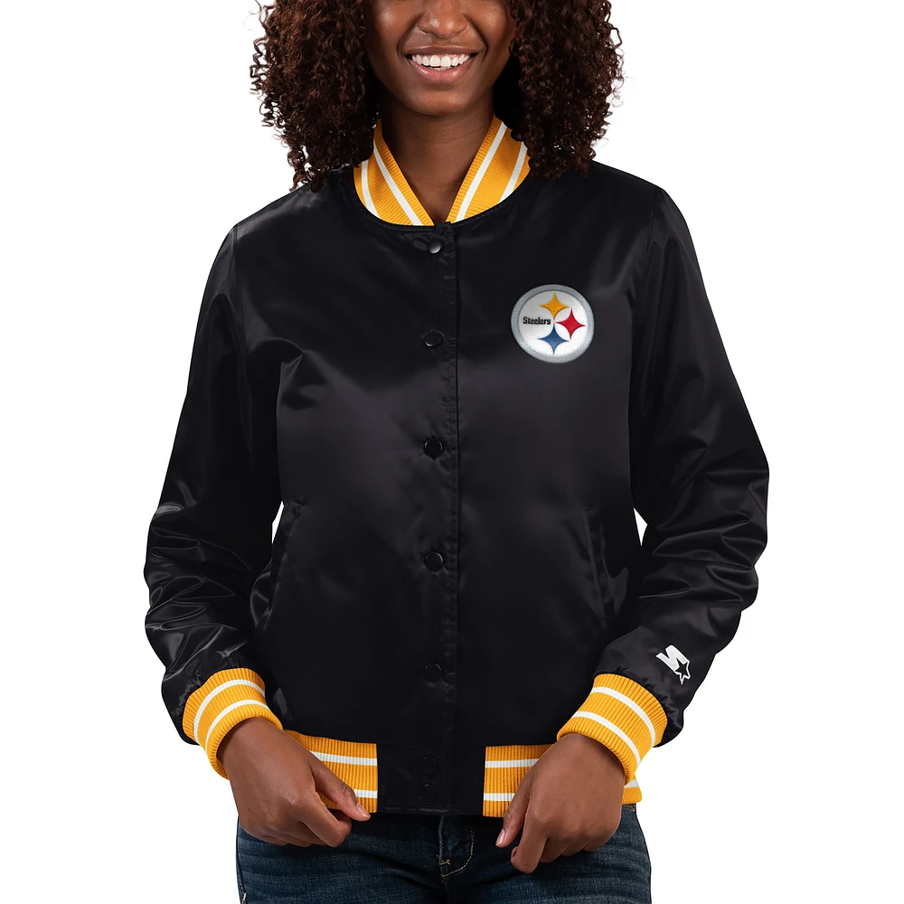 Women's Starter Black Pittsburgh Steelers Full Count Satin Full-Snap Varsity Jacket