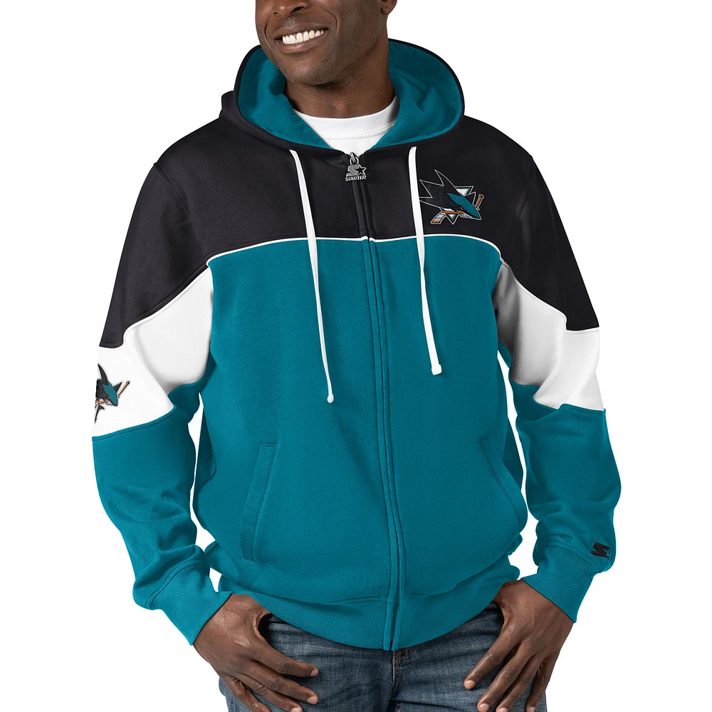 Men's Starter  Teal/Black San Jose Sharks Power Forward Full-Zip Hoodie