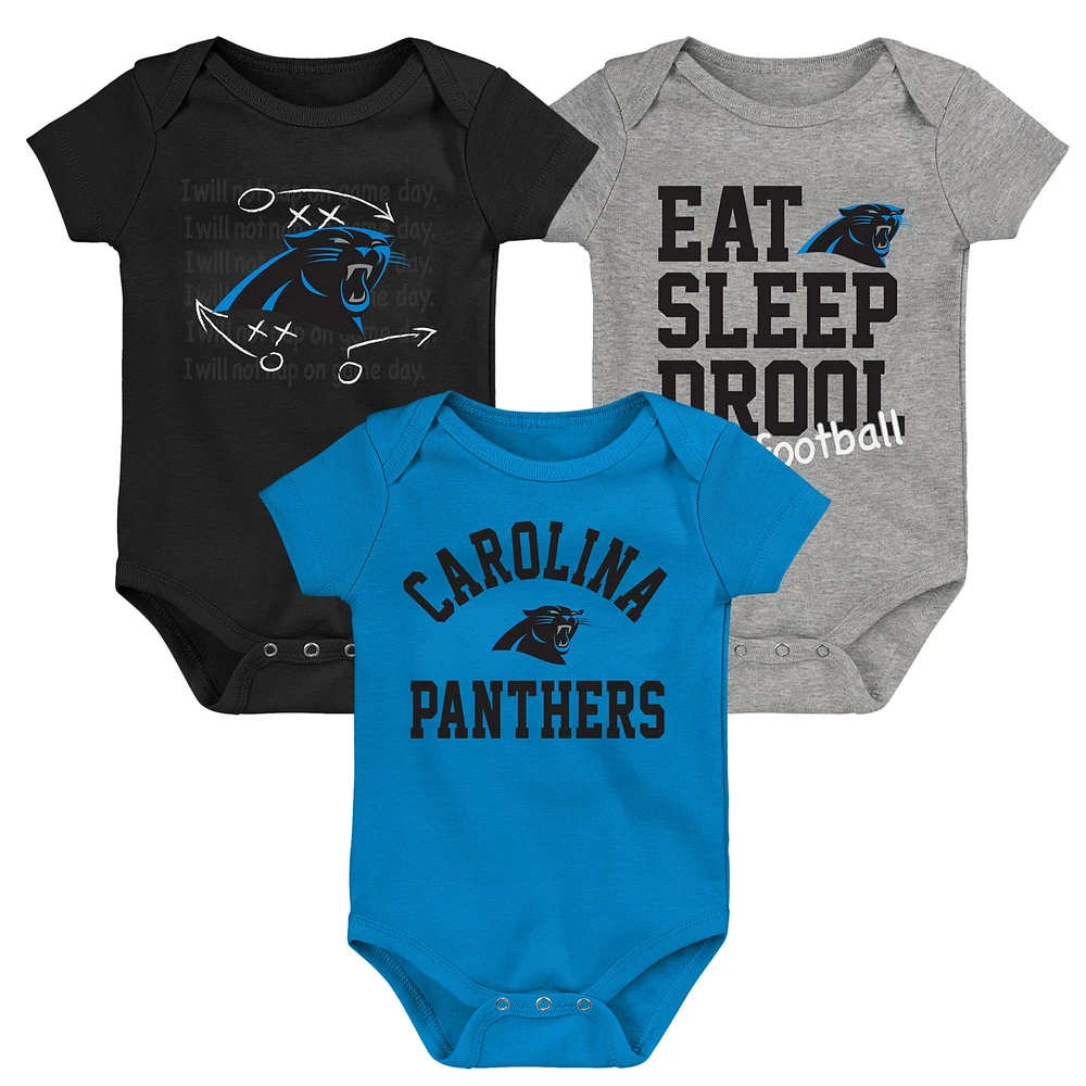 Newborn & Infant Blue/Black/Heather Gray Carolina Panthers Three-Pack Eat, Sleep Drool Retro Bodysuit Set