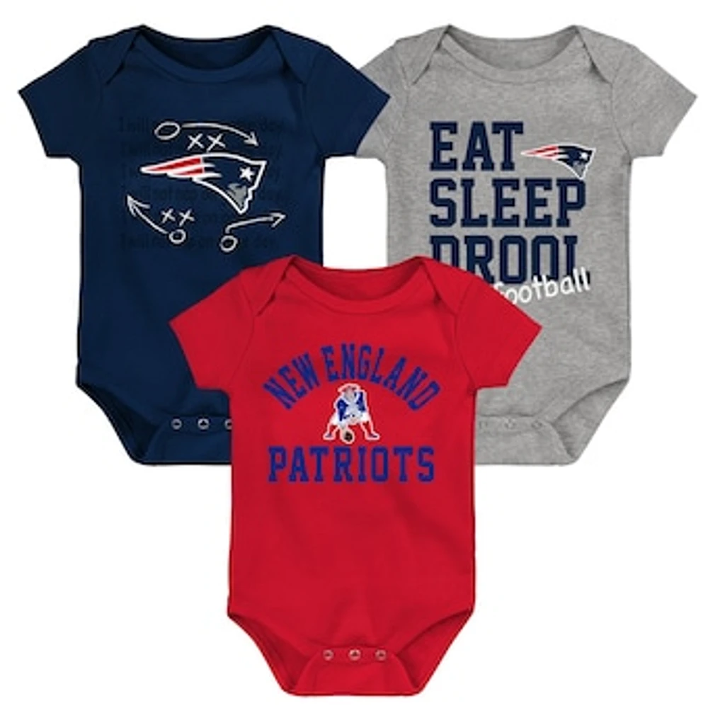 Newborn & Infant Navy/Red/Heather Gray New England Patriots Three-Pack Eat, Sleep Drool Retro Bodysuit Set