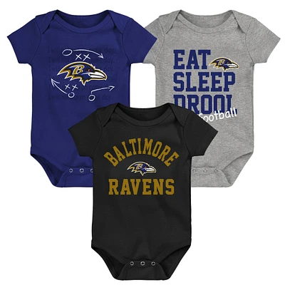 Newborn & Infant Purple/Black/Heather Gray Baltimore Ravens Three-Pack Eat, Sleep & Drool Retro Bodysuit Set