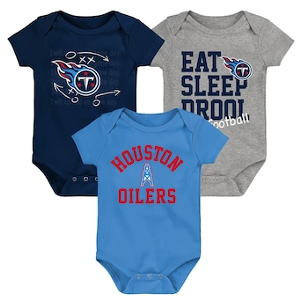 Newborn & Infant Navy/Light Blue/Heather Gray Tennessee Titans Three-Pack Eat, Sleep Drool Retro Bodysuit Set