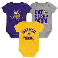 Newborn & Infant Purple/Gold/Heather Gray Minnesota Vikings Three-Pack Eat, Sleep Drool Retro Bodysuit Set