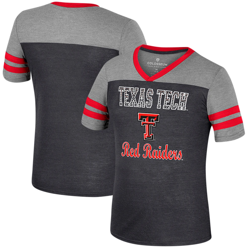 Girls Youth Colosseum Black/Heather Gray Texas Tech Red Raiders Summer Striped V-Neck T-Shirt