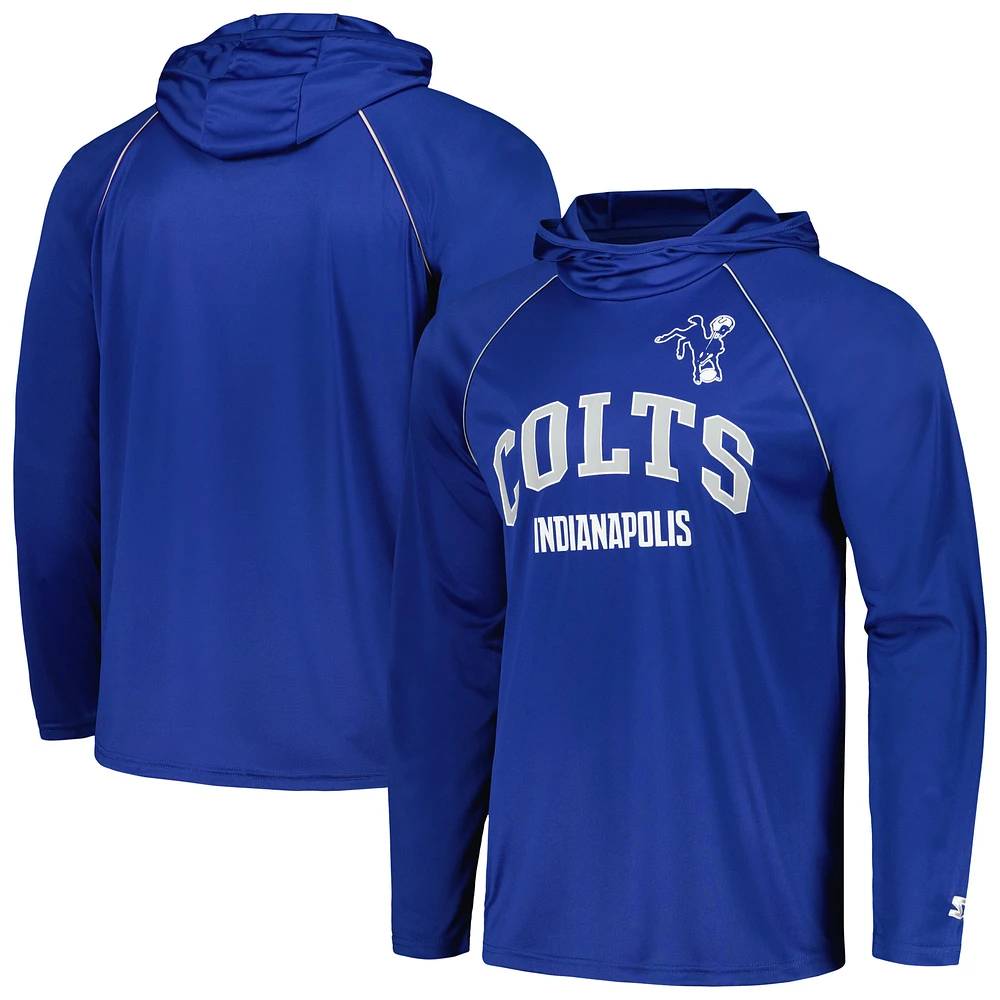 Men's Starter Royal Indianapolis Colts Gridiron Classics Throwback Raglan Long Sleeve Hooded T-Shirt