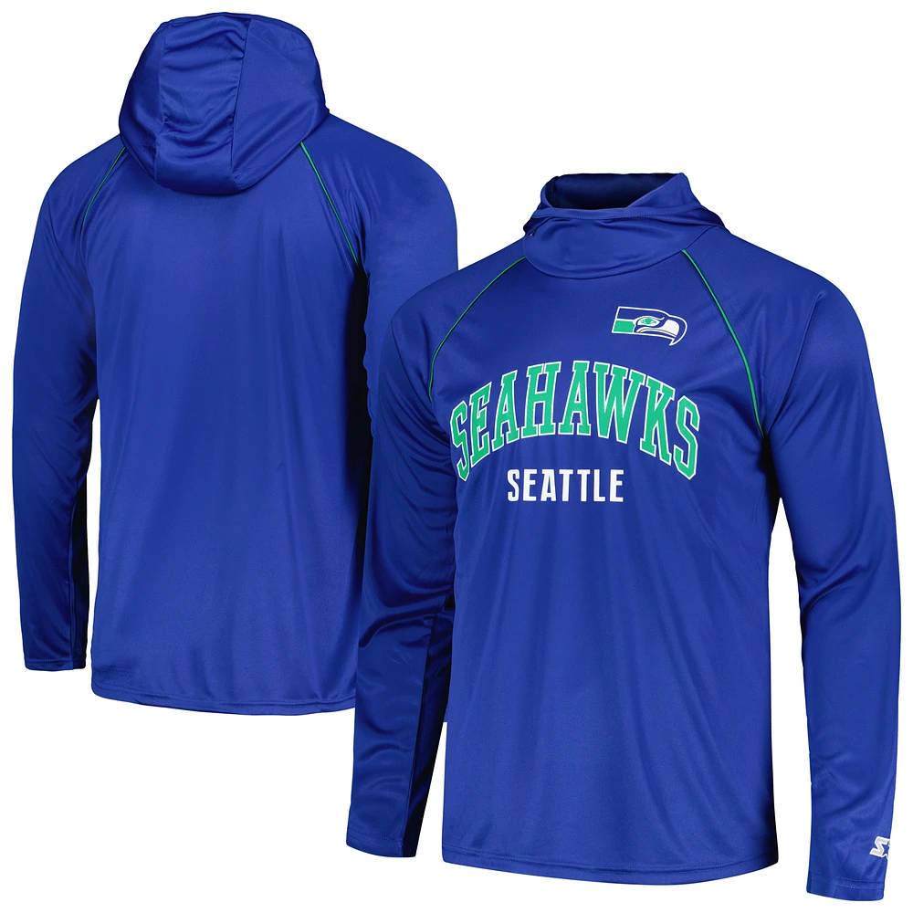 Men's Starter Royal Seattle Seahawks Gridiron Classics Throwback Raglan Long Sleeve Hooded T-Shirt