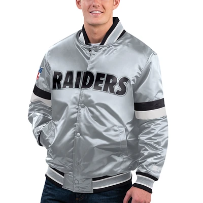 Men's Starter Silver Las Vegas Raiders Gridiron Classics Home Game Satin Full-Snap Varsity Jacket