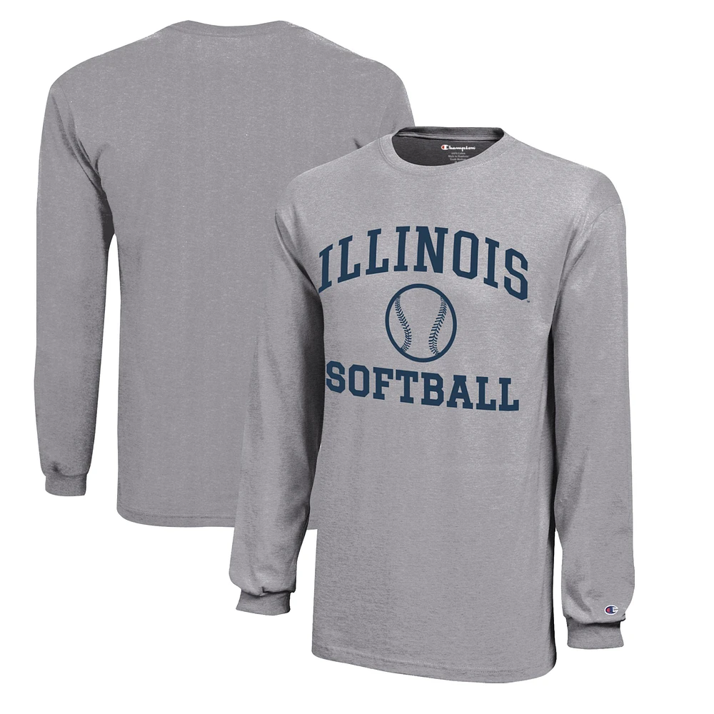 Youth Champion Gray Illinois Fighting Illini Icon Logo Long Sleeve Softball T-Shirt